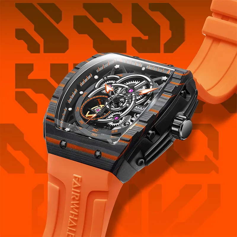 Mark Fairwhale Fashion Carbon Fiber Bezel Automatic Mechanical Skeleton Movement Luminous Waterproof Watch for man FW-6660 reloj hombre