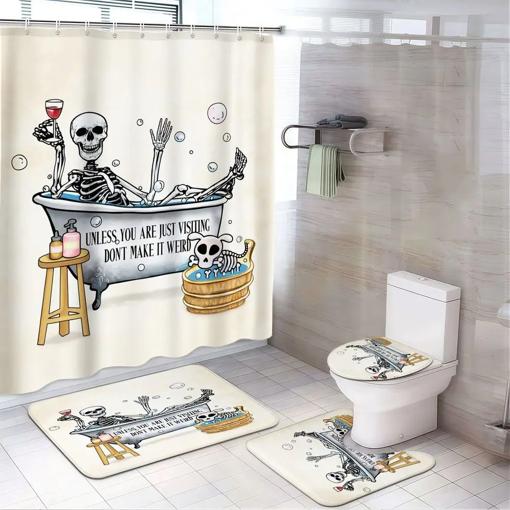 4pcs Skeleton Artist Bath Curtain Set, Halloween Bathroom Decor Print with Skull, Candles, Bubbles, Skeleton Hands, Spooky Vintage Skeleton Art, TikTok Trending Fall Party Theme