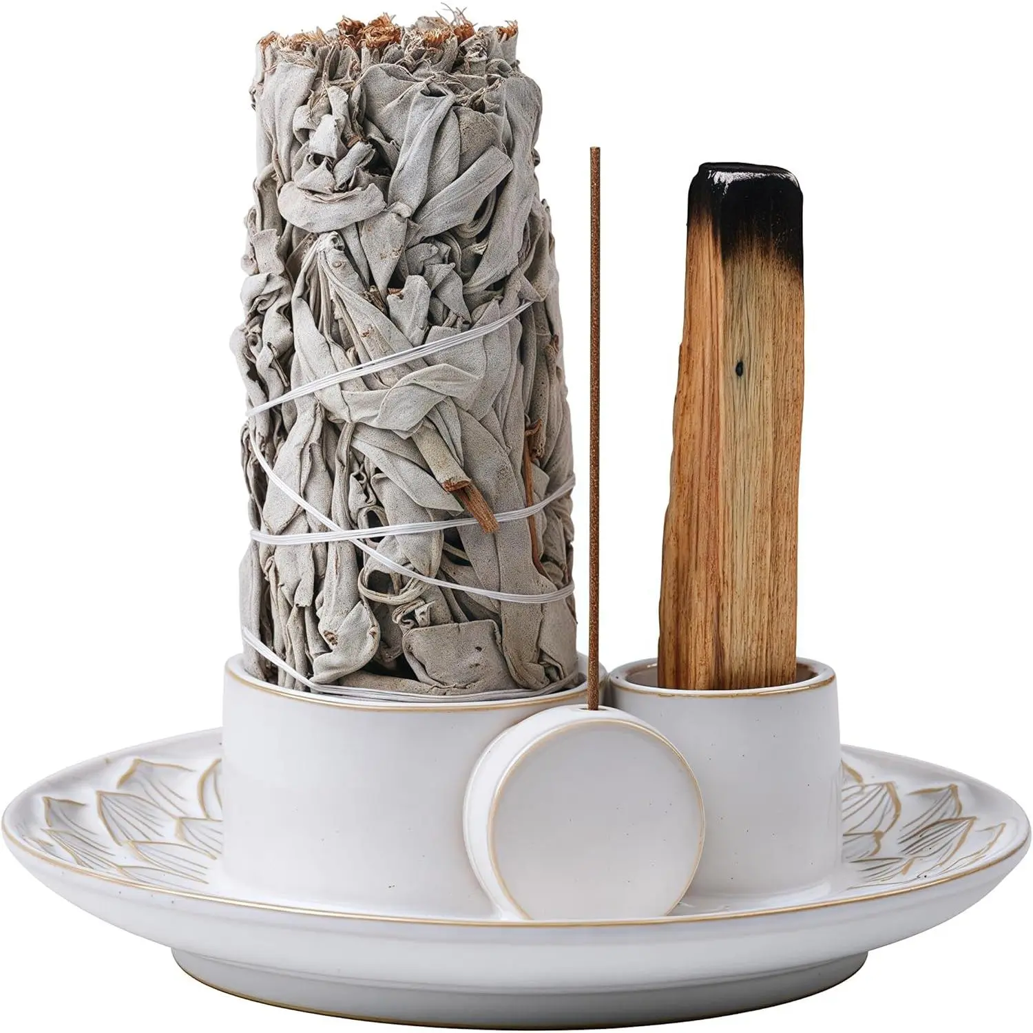 4 in 1 White Ceramic Incense Holder 5.5" Ash Catcher Tray for Incense Stick Palo Santo Sage Burning, Ideal for Meditation and Yoga Room