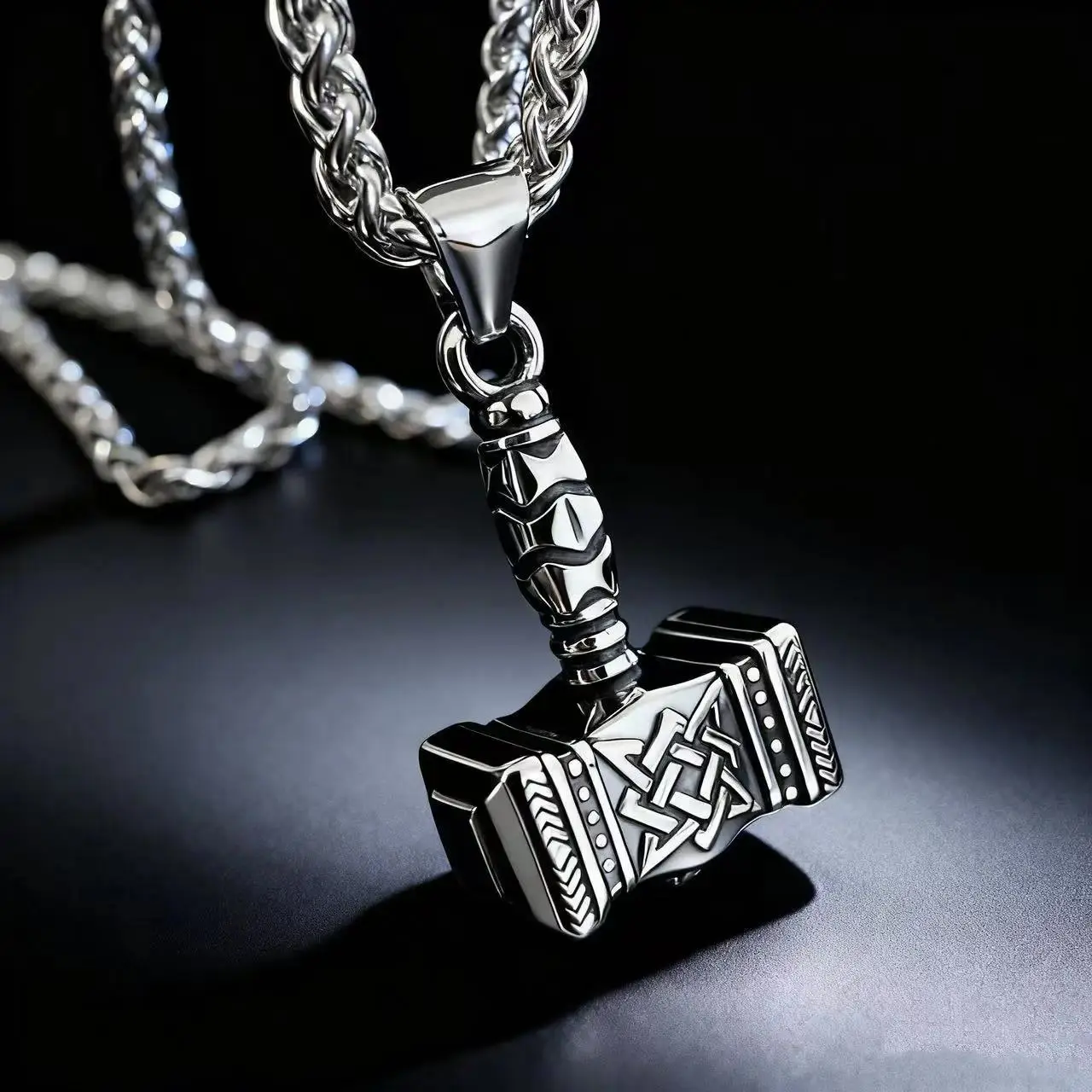 HNSP 316L Stainless Steel Viking Style Mjolnir Odin Rune Thor Hammer Pendant Necklace, Durable Rust-Resistant Chain Jewelry Necklaces for Men, Viking Jewelry Gift Accessory, Durable Metal Necklaces