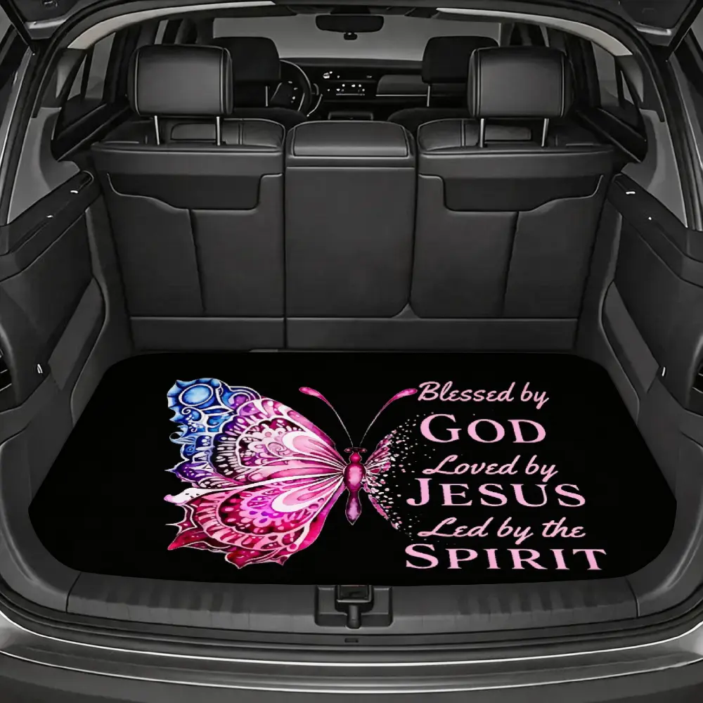 Christian Religious Style, Car Trunk Mat, Pink Butterfly And Blessed By God Loved By Jesus Led By The Spirit Quote, Non-Slip Waterproof Fabric, For SUV Cargo Area Protection, 1 Piece
