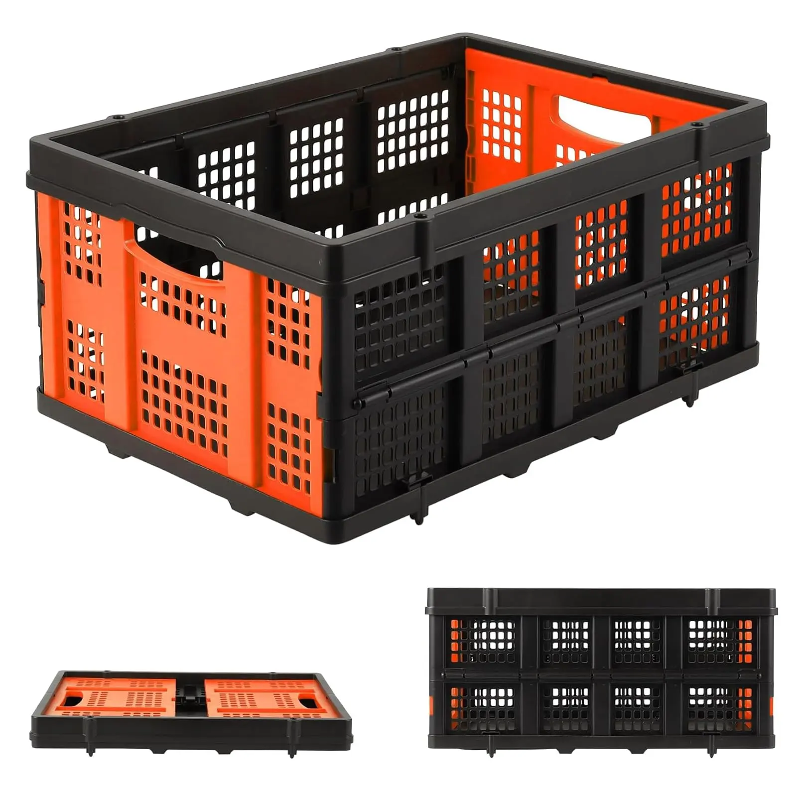 Collapsible Crate, 55L Foldable Plastic Milk Crate with Side Handles, Heavy Duty Stackable Containers Folding Storage Baskets for Food, Drinks, Books, Tools