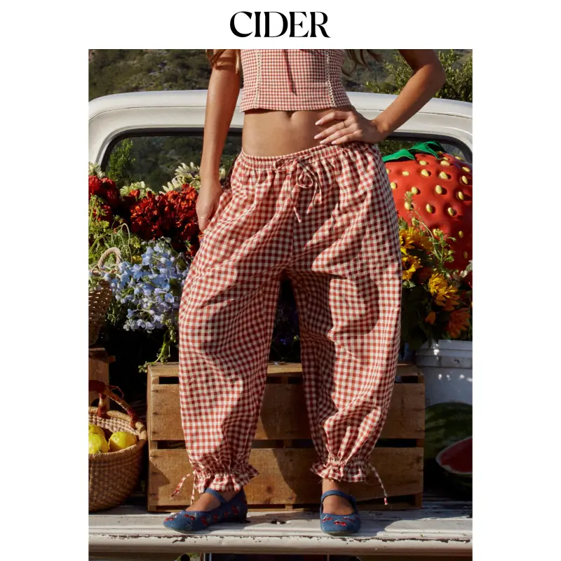 Cider Cotton-blend Gingham Adjustable Drawstring Hem Balloon Pants