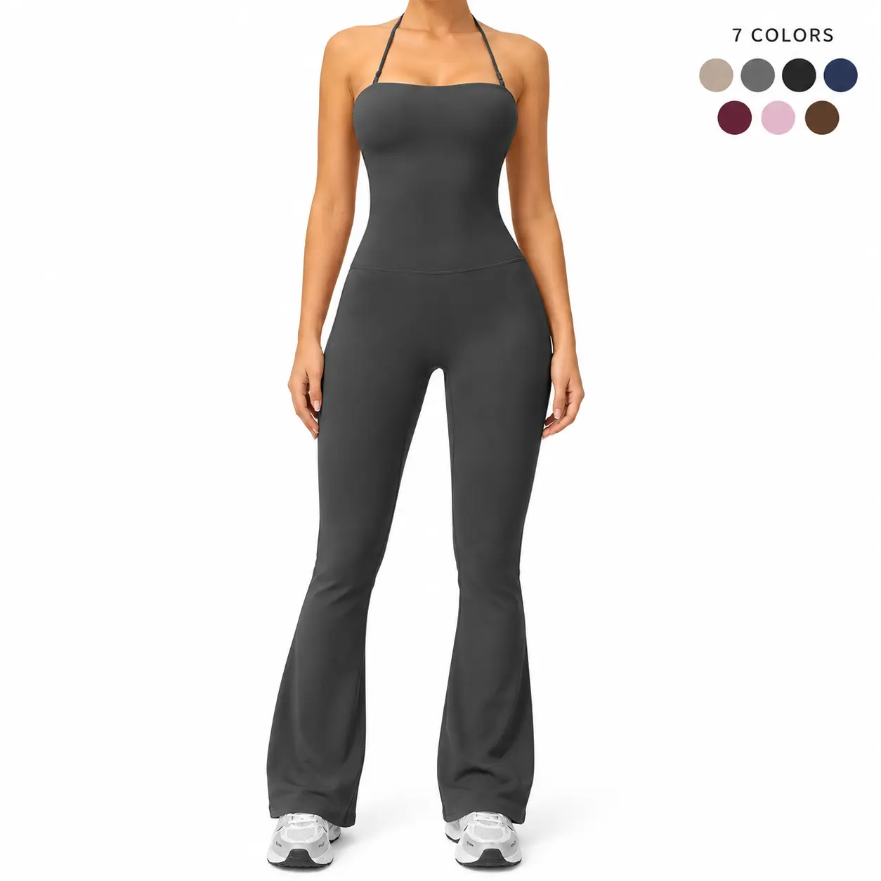 Women's Halter Neck Backless Flare Jumpsuit, Sleeveless Fitted Full-Length One-Piece Outfit for Casual Wear and Going Out
