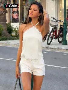 Lace Trim Satin Halter Top, Elegant Backless Design, Perfect for Evening Wear & Special Occasions, Stylish Women's Clothing
