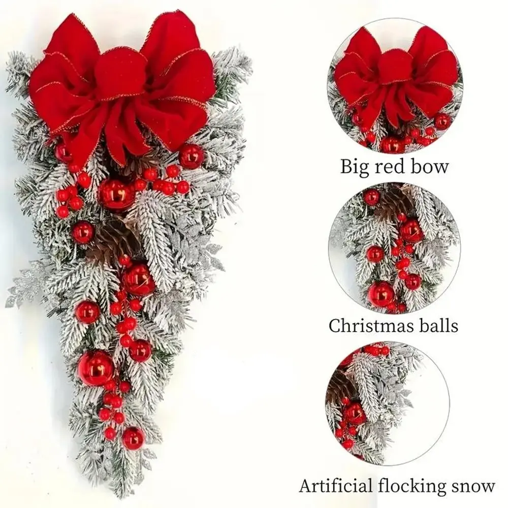 Christmas Wreath, 45cm/17.72 Inches, Bow, PVC Plastic Holiday Home Decor, Wall Window Front Door Decoration, No Power Required