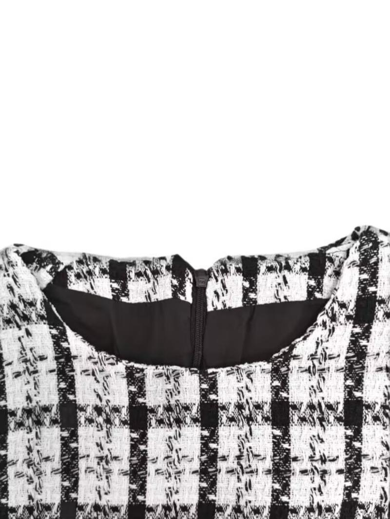 Women's Elegant Plaid Bowknot Dress, Sleeveless Round Neck Short Skirt, Casual Fall & Winter Fashion, Slim-Fitting Style