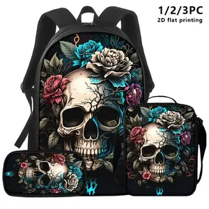 1pc/2pcs/3pcs Backpack - Shoulder Bag, Crossbody Bag, Storage Pouch with Death and Flowers Theme, Featuring Skull and Floral Prints. Large Capacity Black Skull Backpack in Vibrant Colors with Gothic Style, Suitable for Daily Commute