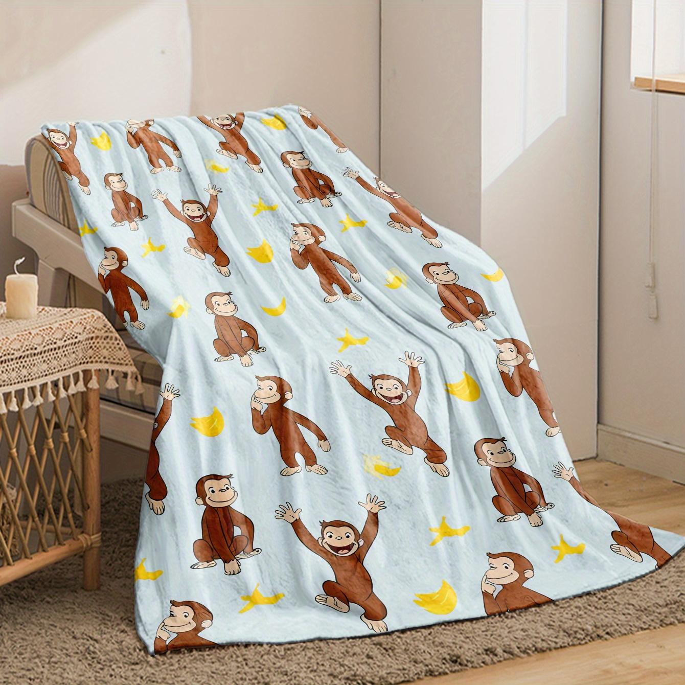 Soft Flannel Throw Blanket - Curious George Monkey & Banana Pattern - Cozy, Warm Light Blue Cartoon Design for Sofa, Bed, or Office - Perfect Gift for Friends & Family, Cute Throw Blanket-280GSM