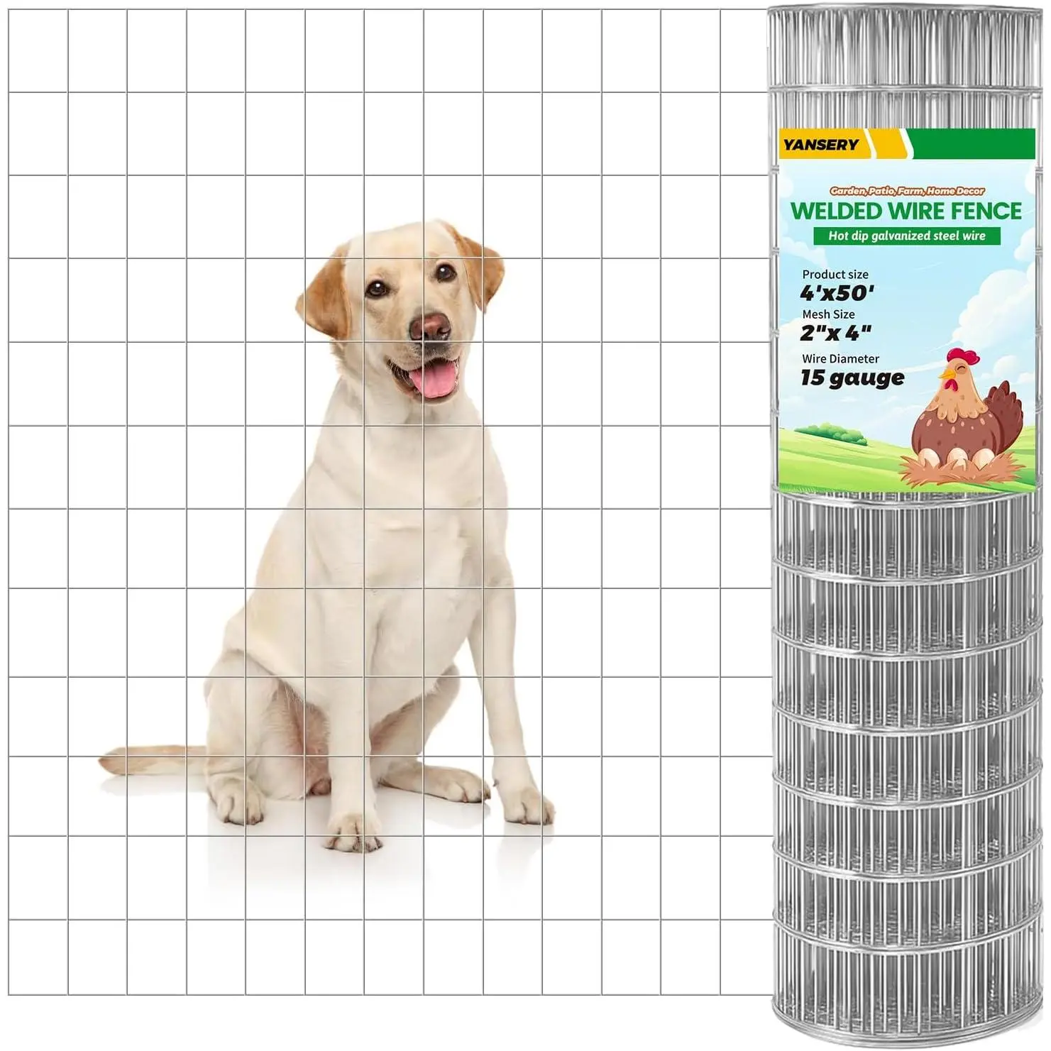 4'× 50' Welded Wire Mesh Galvanized Chicken Wire Fencing 2'' x 4'' 15GA | Garden Decorative Fence for Chicken Coop Barrier, Rabbit Snake Fences, Poultry Enclosures