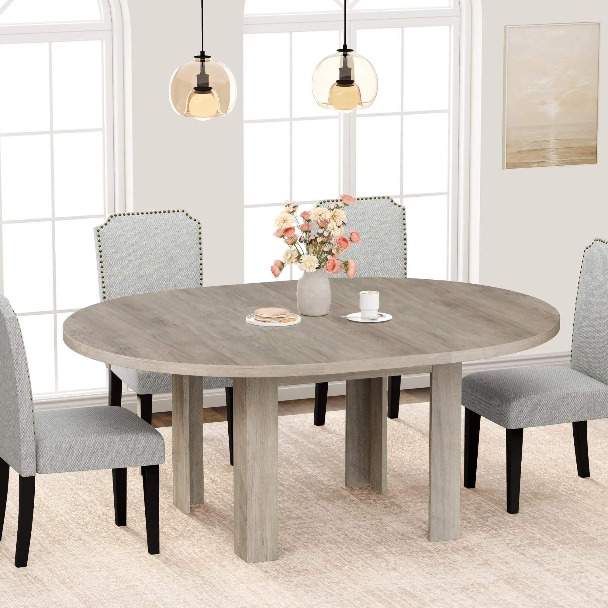 Space-Saving Extendable Dining Table for 4-6 – Modern Round to Oval Convertible Table with Built-In Leaf Storage – Sturdy Waterproof MDF – Ideal for Apartment, Office, Dinner Parties, or Home