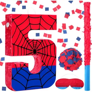 Simgoing Number 5 Spider Web Piñata Bundle with Blindfold Small Piñata for Kids Birthday Party Decoration Mexican Fiesta Cinco De Mayo Anniversary Celebration Gift, 15.75 x 11 x 2.8 In(Red Blue)