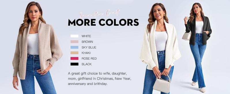 Womens Open Front Cardigan Batwing Long Sleeve Shawl Chunky Knit Loose Fall Poncho Sweater Coats