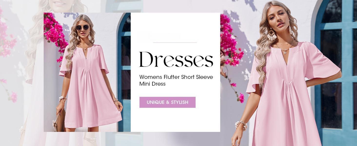 Imily Bela Womens Flutter Short Sleeve Mini Dress Casual V Neck Loose Flowy Summer Dresses