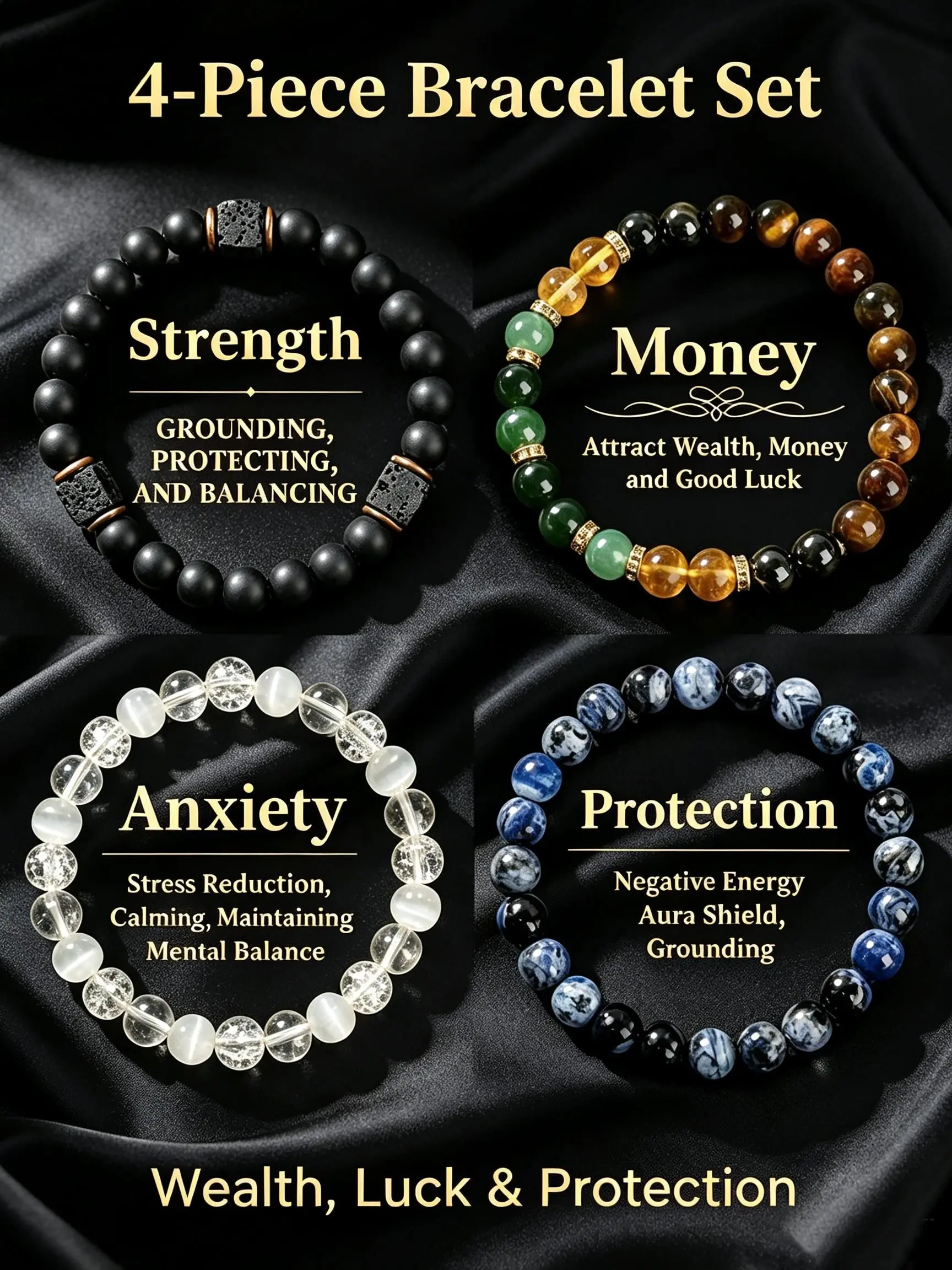 4pcs Exquisite Boho Crystal Bracelet Stack for Men Women - Tiger Eye, Obsidian, Hematite Natural Stone Beads - Protection, Money Attraction, Anxiety Relief & Strength - Minimalist Beaded Jewelry Men's accessories Gift for Mom's Day, Fathers Day Gift