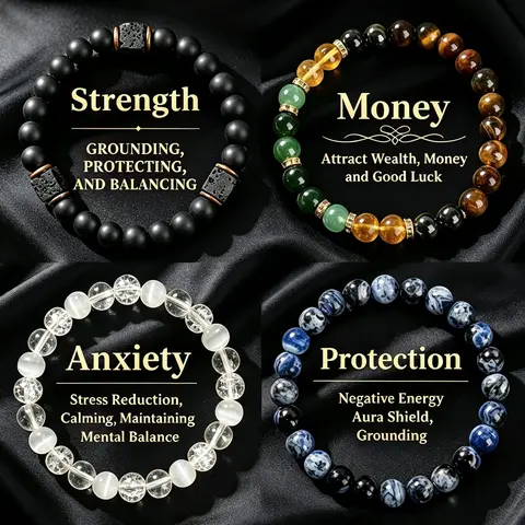 4pcs Bohemian Crystal Bracelets Set, Lucky Bracelet, Attracts Wealth, Protects, Enhances Strength, Relieves Anxiety, Perfect Gift