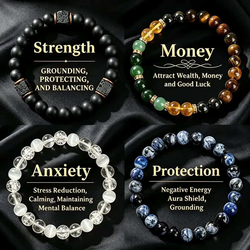 4pcs Bohemian Crystal Bracelets Set, Lucky Bracelet, Attracts Wealth, Protects, Enhances Strength, Relieves Anxiety, Perfect Gift