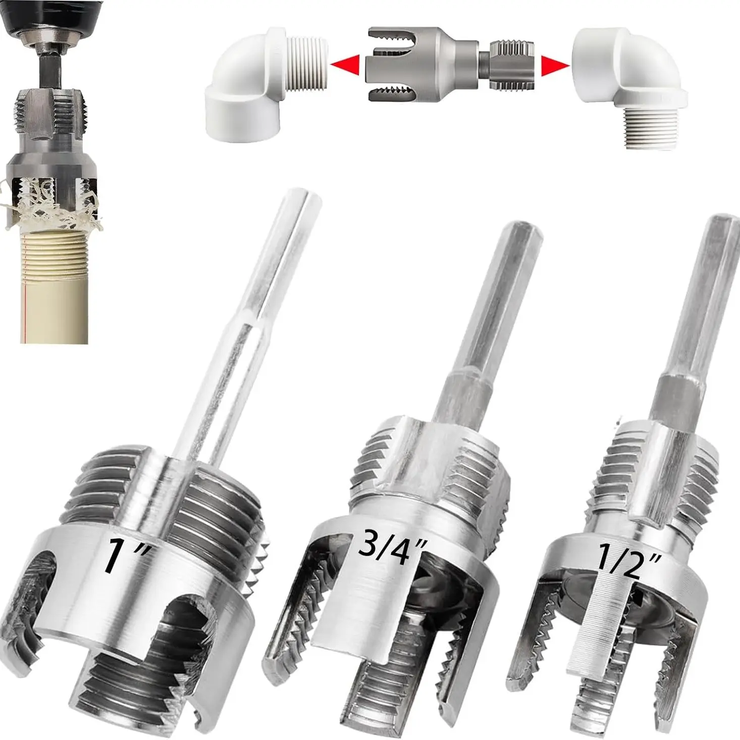 PVC Pipe Thread Tool Kit, 3 Piece Set, 1/2 Inch, 3/4 Inch, 1 Inch Npt, Compatible with Drill, Drill Attachments, for PVC, Ppr, Mpp Pipes