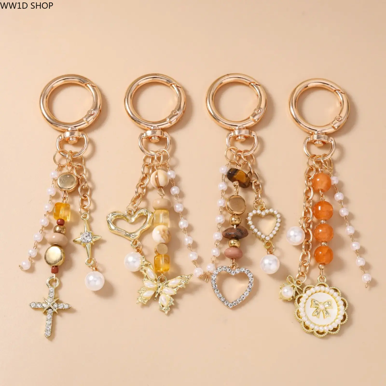 Women's Beaded Keychain - Round Disc, Cross, Butterfly, Heart Pendant Wristlet Charm for Handbags, Backpacks