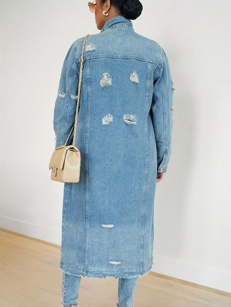 Womens Distressed Ripped Denim Trench Coat Casual Slim Button Down Washed Long Jean Jacket Long Sleeve Solid Color Coat