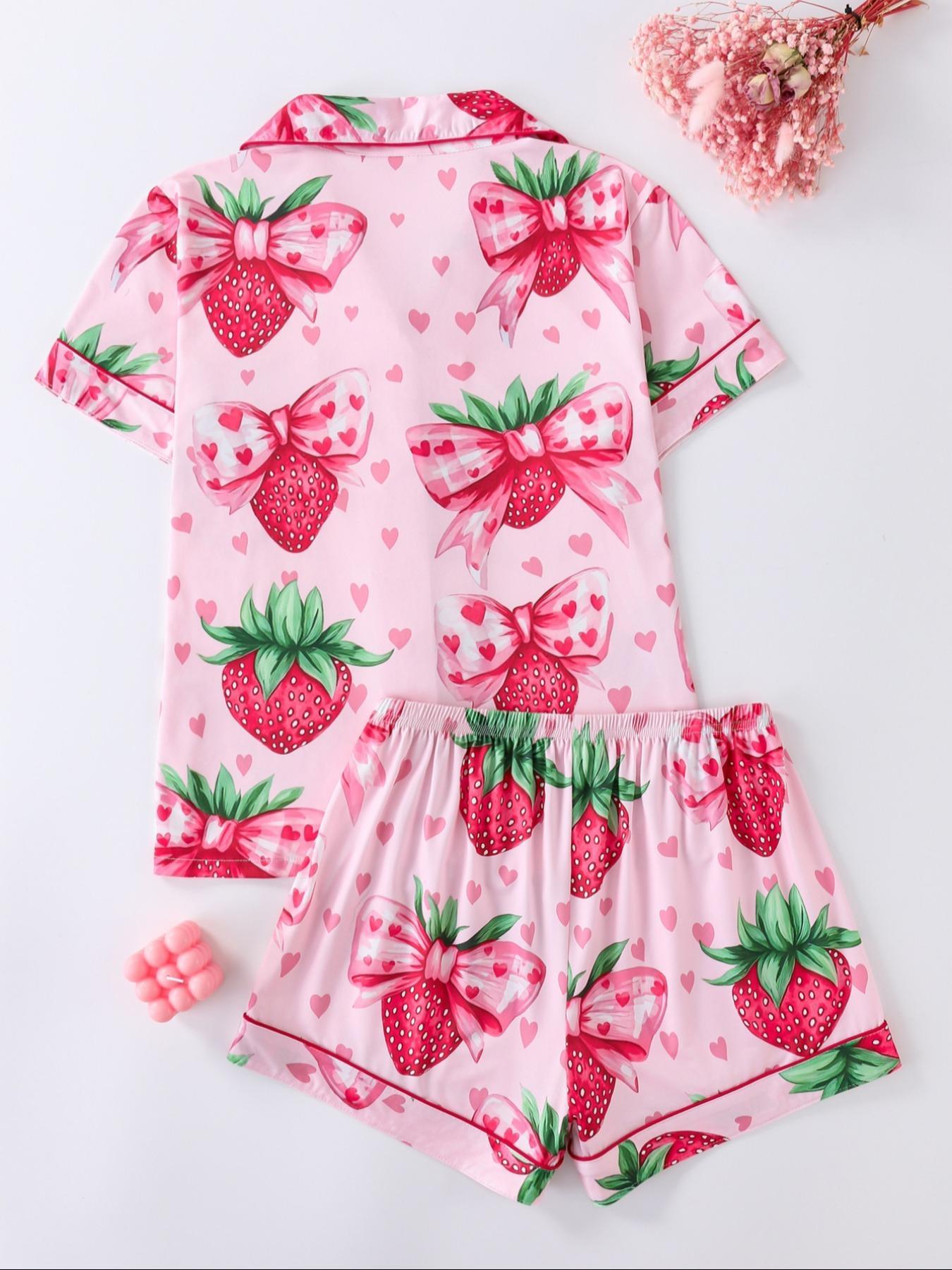 Women's Strawberry & Heart Print Lapel Neck Shirt & Shorts Pyjama Two-piece Set, Ladies Sleepwear for All Seasons, Pajama Set, Loungewear