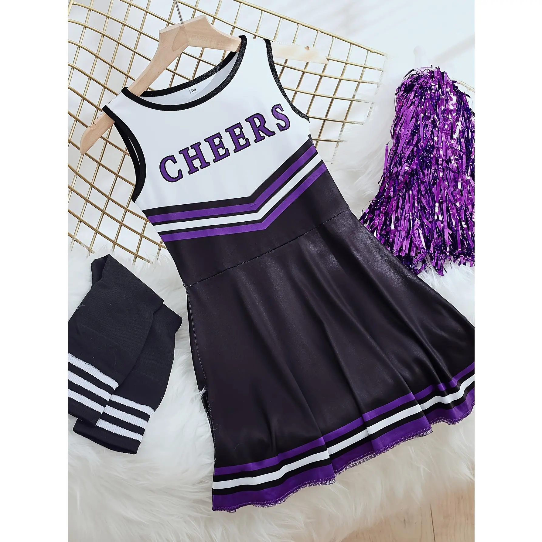 Girls' Cheerleader Costume, 2-Piece Polyester Set with Sleeveless Letter Print Top and Pleated Skirt for Cheerleading Parties, Crew Neck, Spring