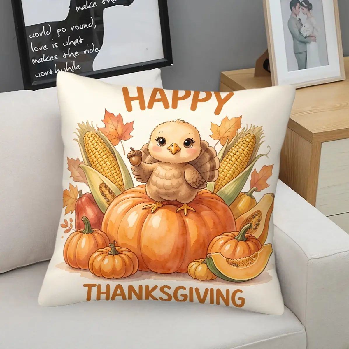 45x45cm 1Pc Thanksgiving Throw Pillow, cartoon turkey squirrel print, soft home cushion (with insert)