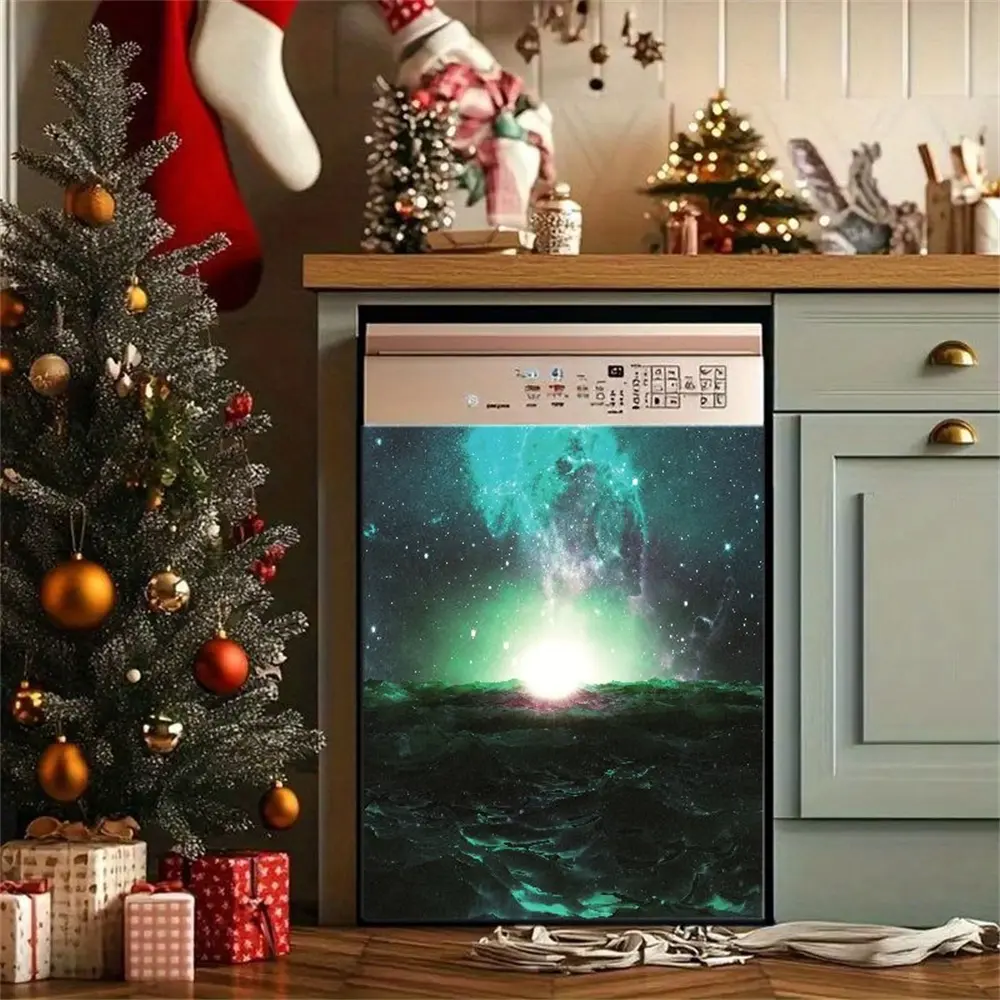 2D Flat 2Pcs Northern Lights Galaxy Dishwasher Sticker Starry Sky Ocean Design Cosmic Art Decor Waterproof Kitchen Appliance Cover Decorative Panel Self-Adhesive Vinyl Film for Refrigerator Washing Machine Christmas Holiday Home Decoration