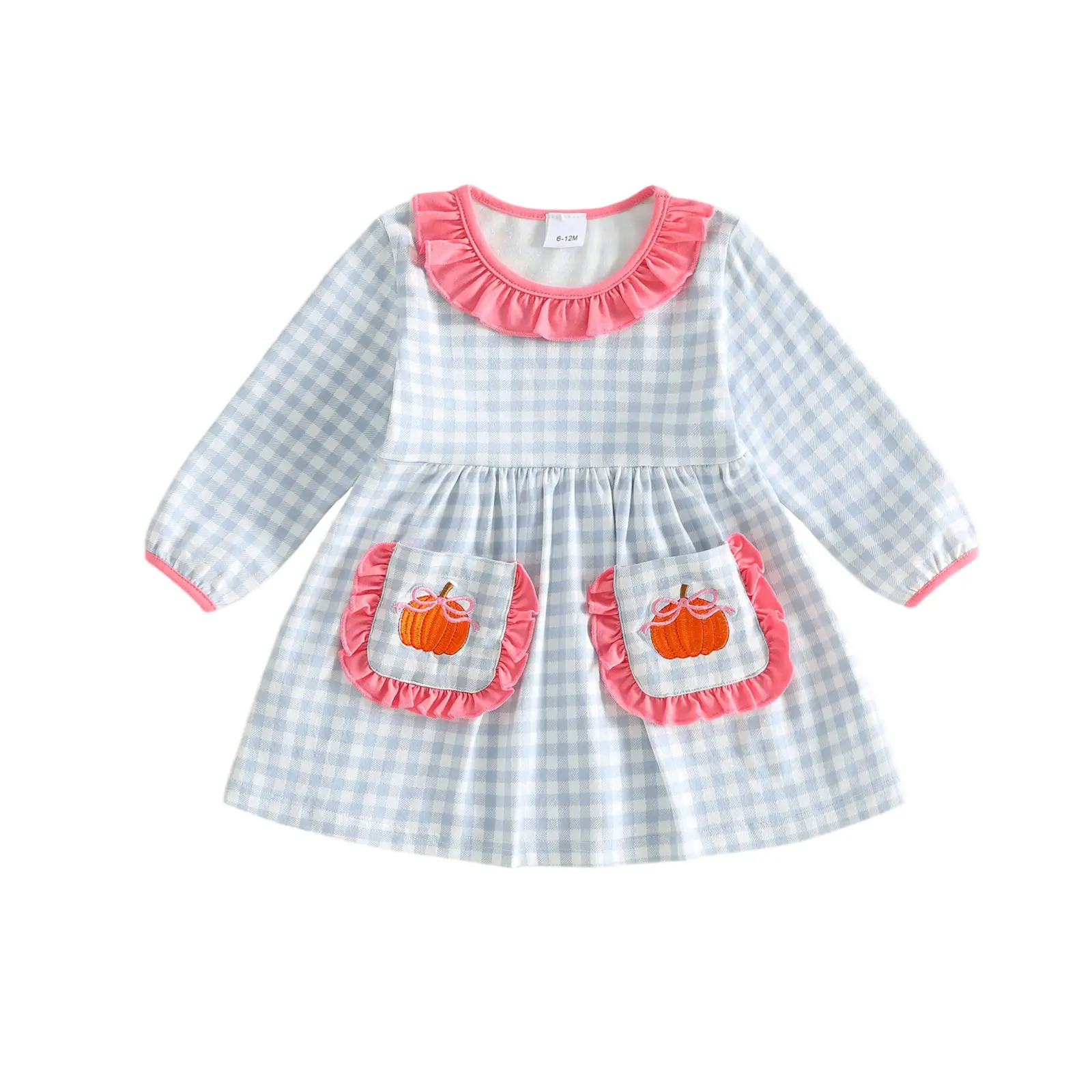 Canrulo Toddler Baby Little Girls Halloween Plaid Dress Long Sleeve Pumpkin Embroidery A-line Dress Fall Clothes 1-5 Years