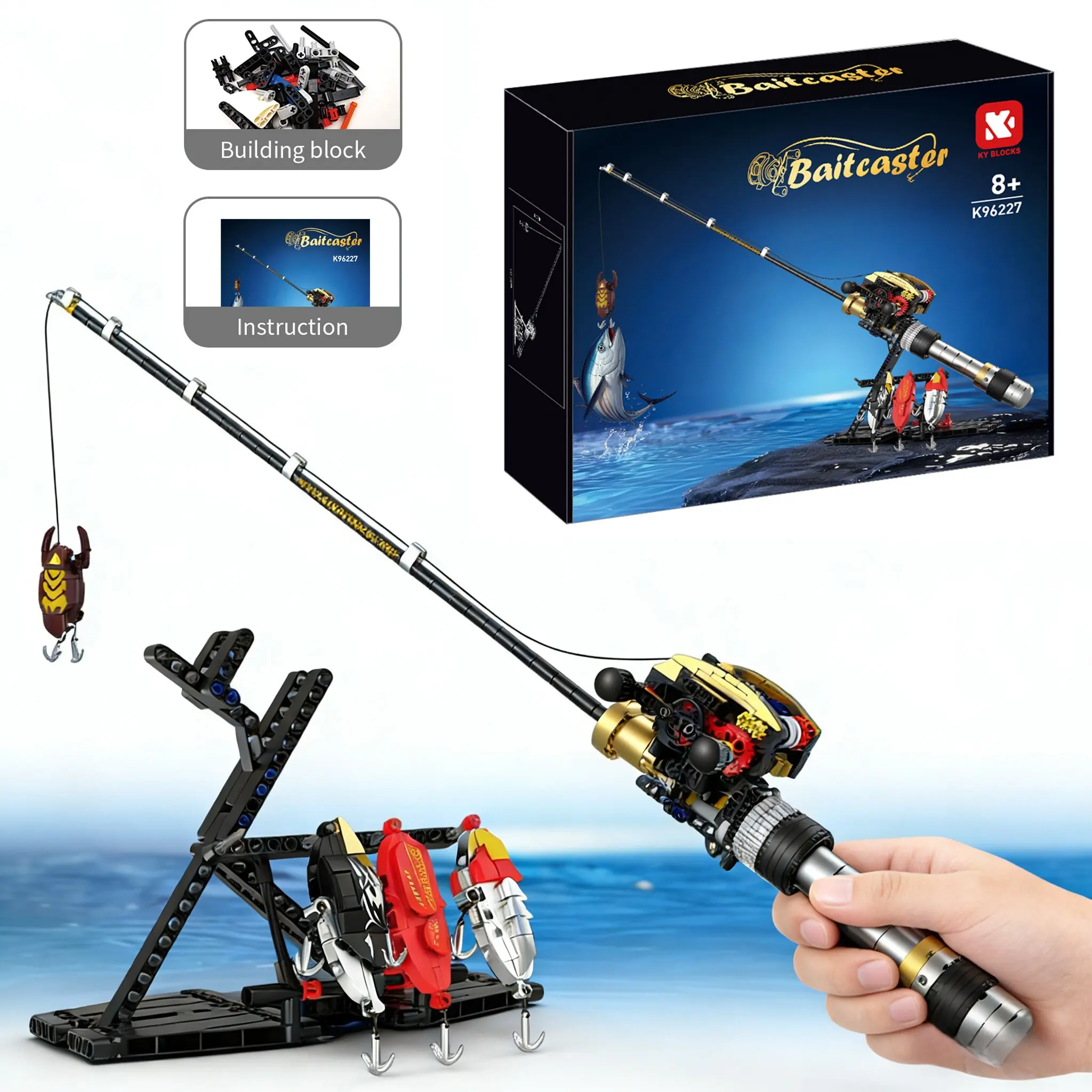 Simulation Baitcast Fishing Pole Building Blocks Kit, Creative Building Set, Functional Baitcasting Reel Brick Model with Fishing Lures & Display Rack, Creative Assembly Toys Birthday Holiday Gift For Adult Kids