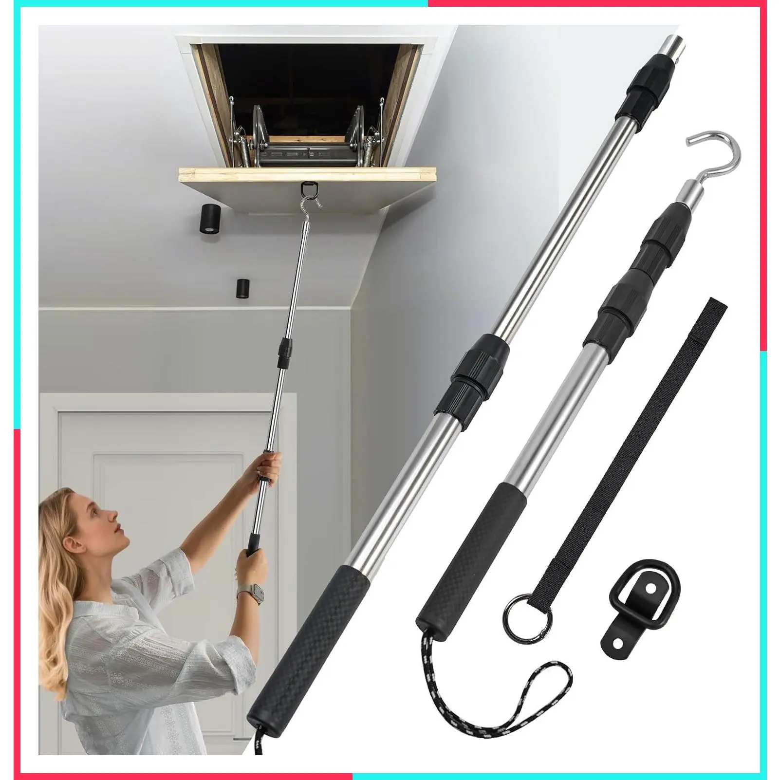 Attic Ladder Pull Down System Kit with 40-Inch Telescopic Pole, D-Ring & O-Ring with Rope, Extendable Attic Pull Down Hook and Rod