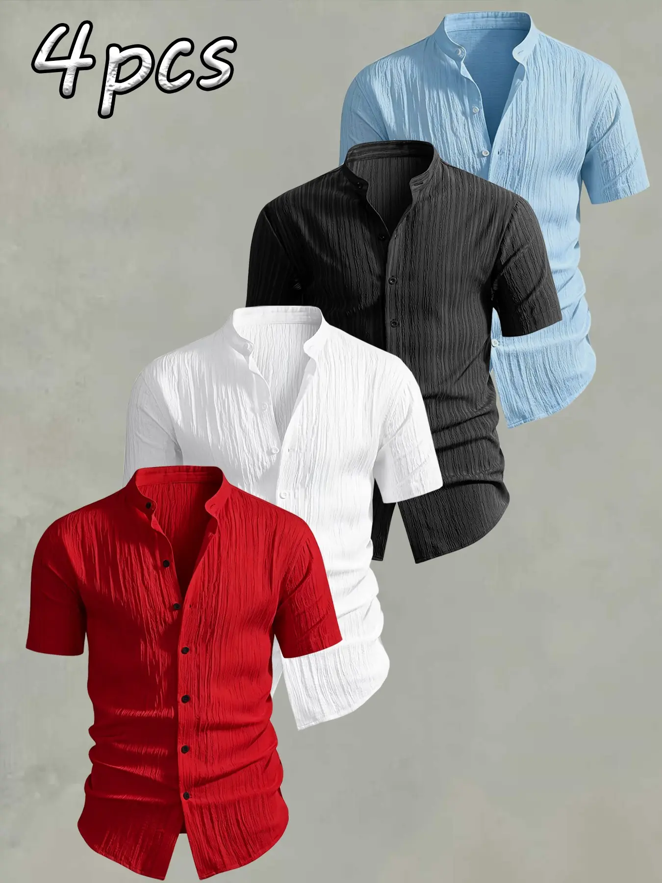 4pcs Men's Summer Short Sleeve Shirts, Plain No Print Design, Lightweight Breathable Stand Collar Button Shirt, Ideal for Beach Poolwear