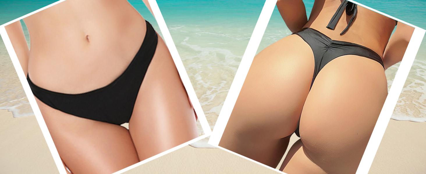 YELAIVP Women's Ruched Back Bikini Bottoms High Cut Bathing Suit Bottoms Cheeky Thong Swimsuit Bottom