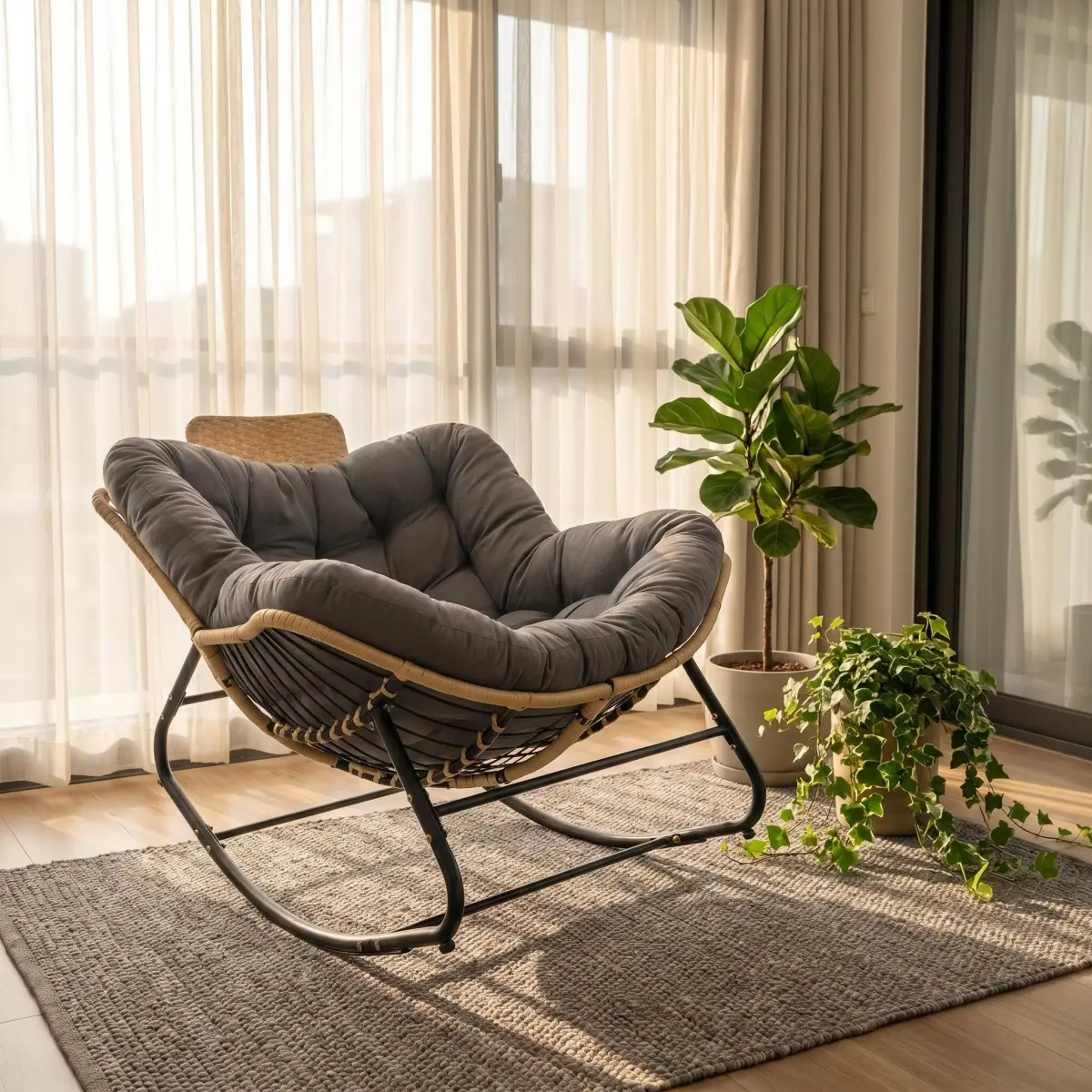 Modern Oversized Handwoven Weave Rattan Papasan Rocking Chair - Dark Grey Thick Plush Rattan+Cotton Cushion, Attached Rattan Head Pillow, Reinforced Steel Base, Full-Body Support Indoor Outdoor Lounge Rocker for Balcony, Porch