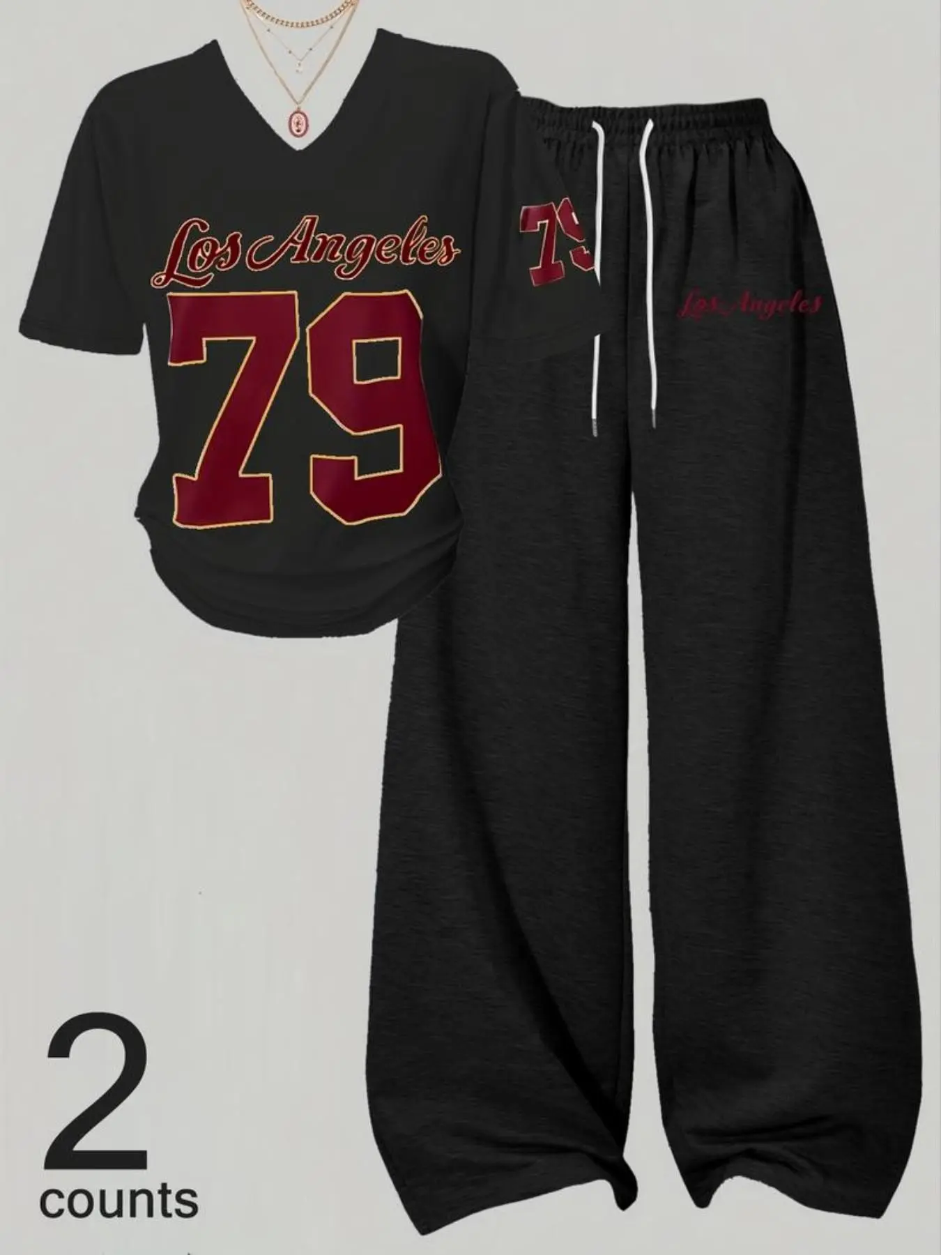 Women's Los Angeles79 Digital Print V-Neck Drawstring Short Sleeve T-Shirt & Wide Leg Sweatpants Set, American Vintage Slim Fit Sportswear