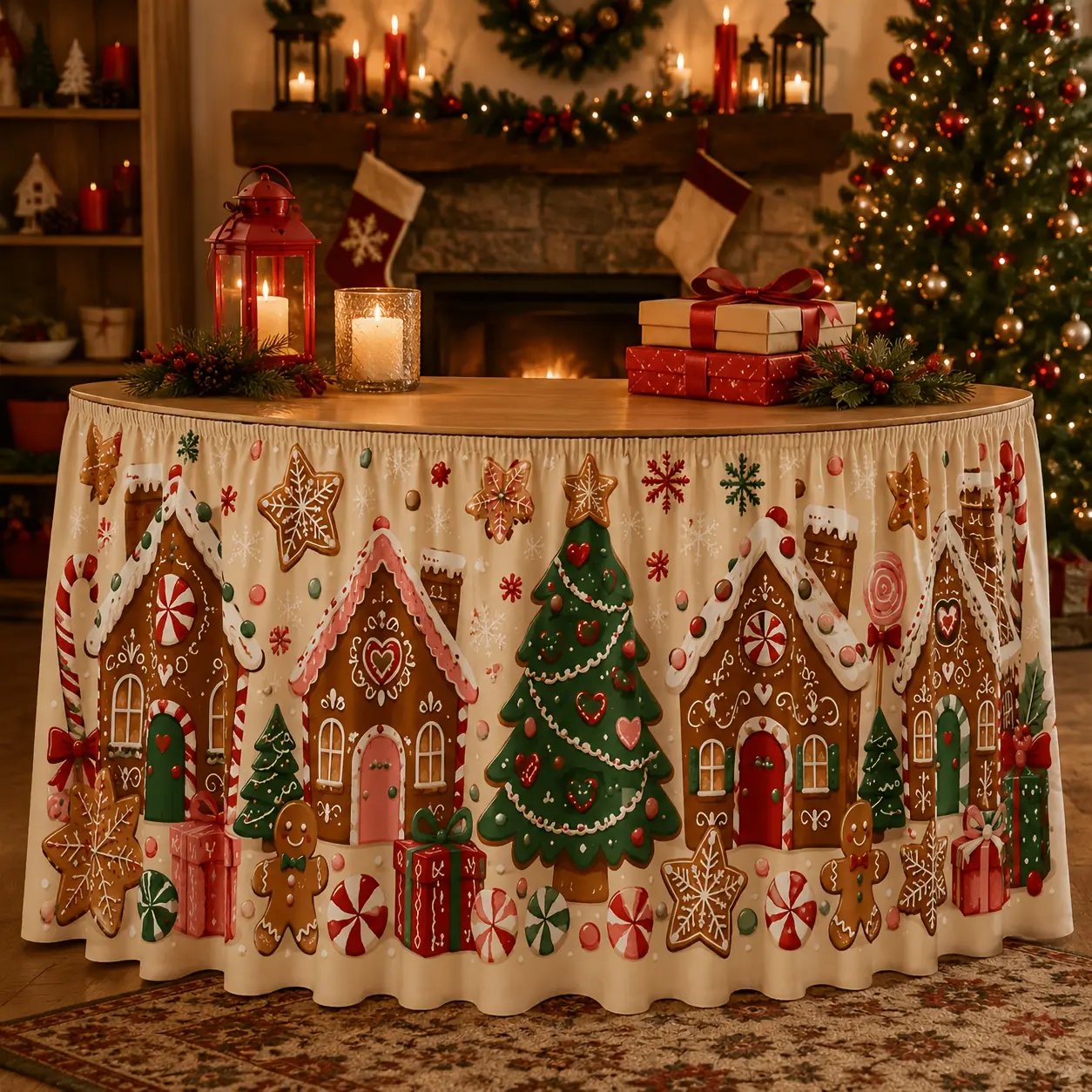 1 tablecloth, table skirt, cute gingerbread, Christmas table skirt, gingerbread house, gingerbread person, Christmas tree, mint candy stick, candy gift box, snowflake cartoon printed cream background, sweet winter, Christmas holiday