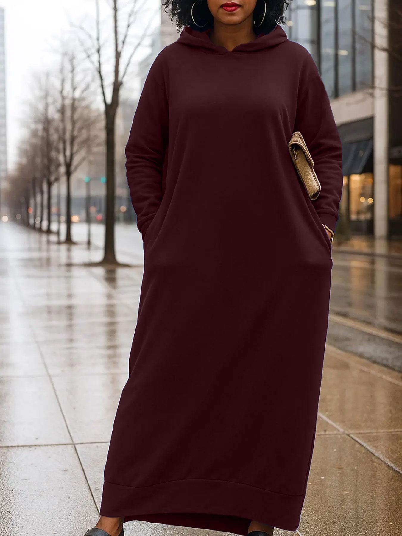 Women's Hooded Loose Long Dress, Spring & Fall Casual Street Style, Long Sleeve Relaxed Fit, Ladies Fashion Clothing, Womenswear