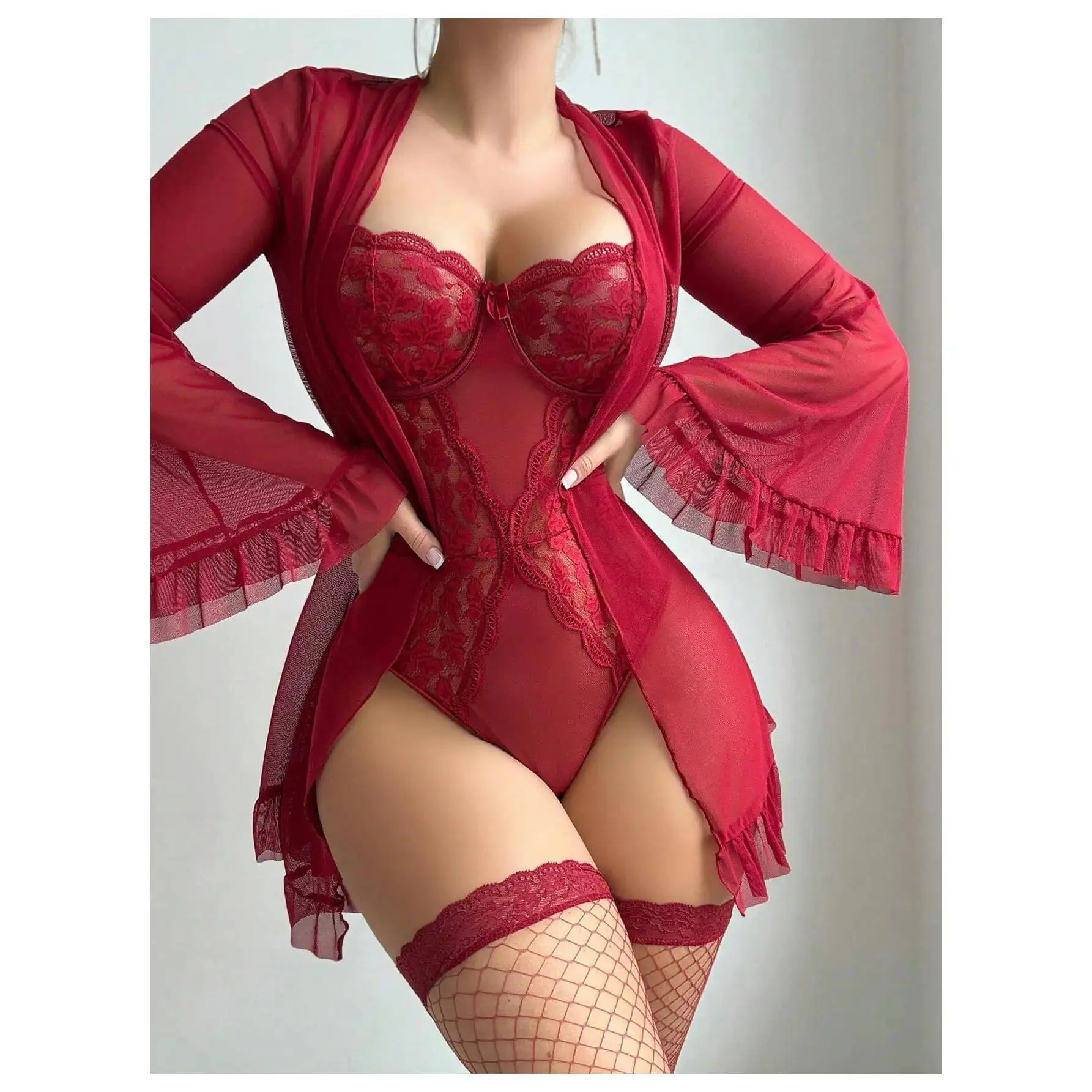 Women's 5 Piece Lingerie Set, Floral Lace Bridal Robe and Underwire Teddy Bodysuit with Garter Belt and Stockings for Honeymoon, Lingerie For Women, Romantic Gifts For Her, Lingerie Lace Sleepwear, Lacy