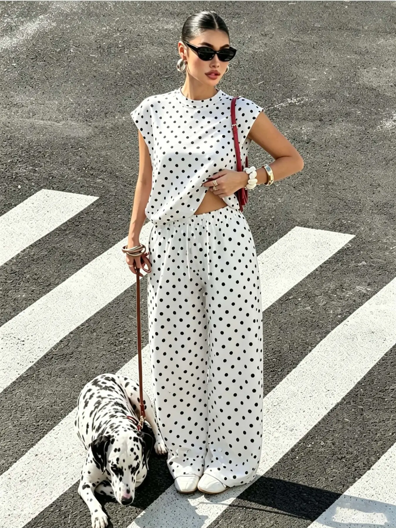 Women's 2 Piece Polka Dot, Casual Sleeveless Top & High Waist Pants, Loose Fit Loungewear for Summer, with Dots Clothes, Loose Pants Set