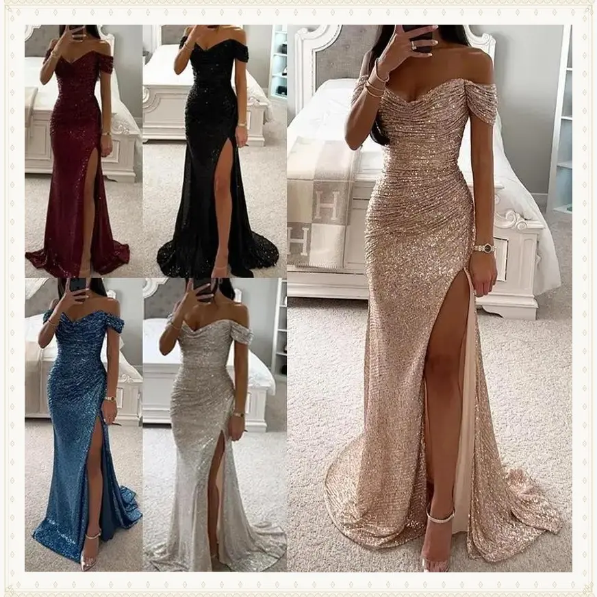 Party Sequin Off-Shoulder Slit Dress Womenswear Formal ball gown dress wedding guest dresses