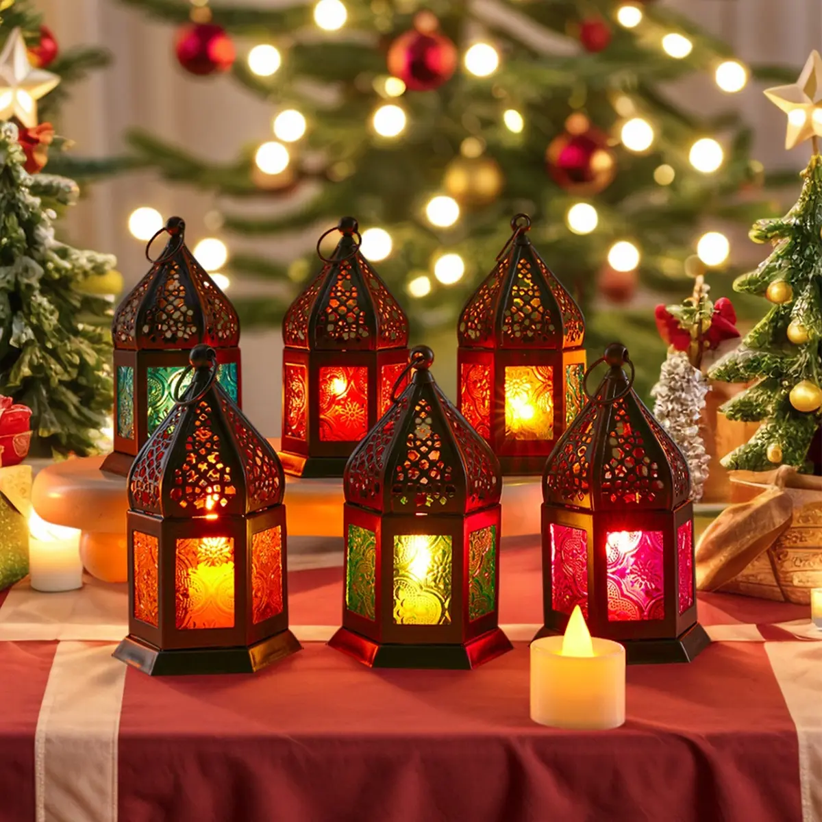 Colorful Glass Bead Metal Candle Holder, Christmas Decoration, Festival Decorative Candlestick for Home Party Gift Giving