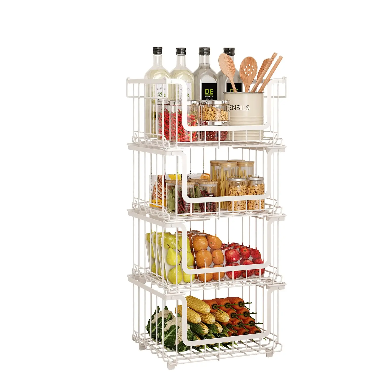 Stackable Wire Pantry Baskets with Handles for Kitchen Storage – Black 4-Piece Set (ZWL-70470-4BK)
