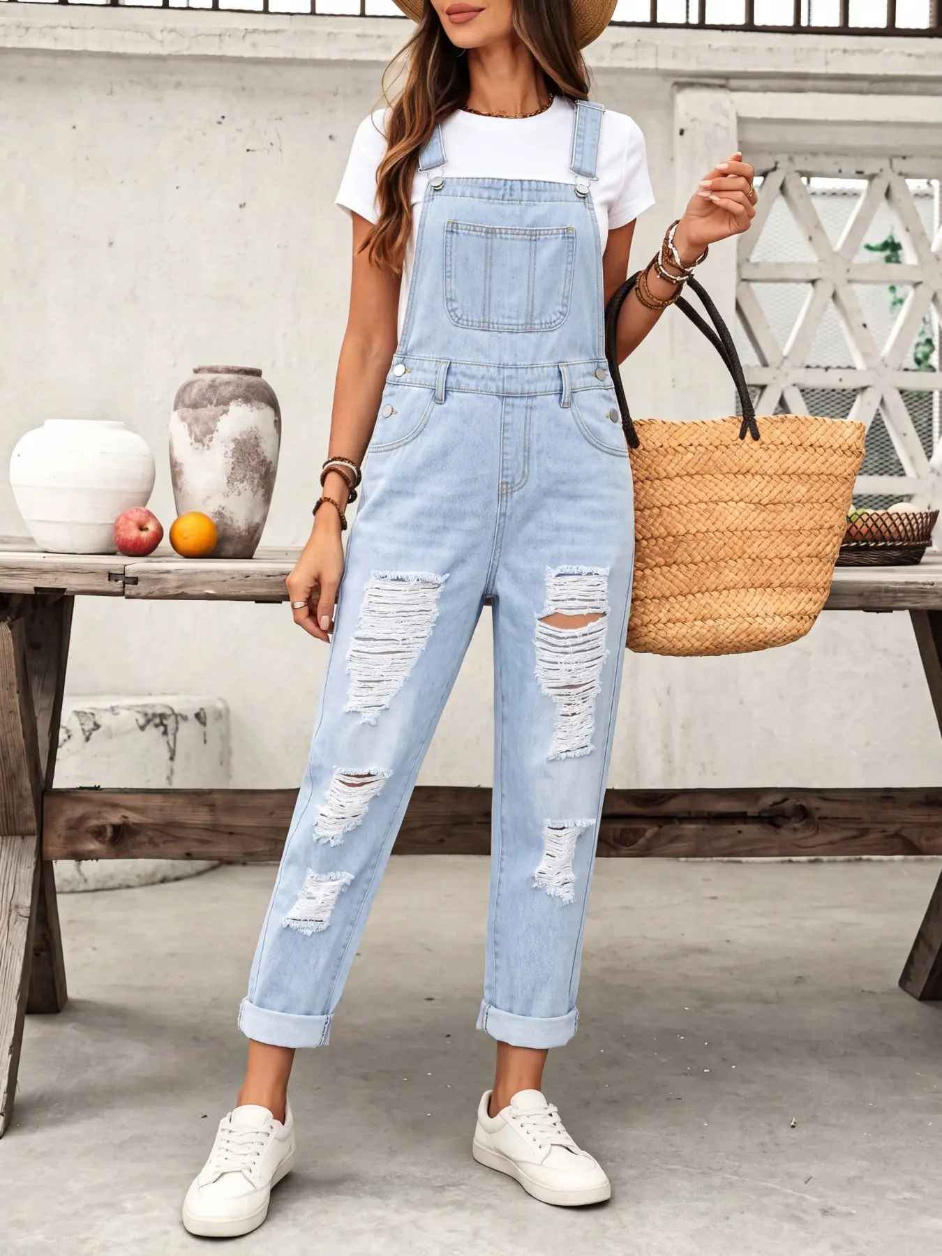 Four-Season Stretchless Harem Pants, Light Wash Large Rips Rolled Hem Nine-Inch Jeans, Adjustable Straps, Loose Straight Fit, Summer Beach Style