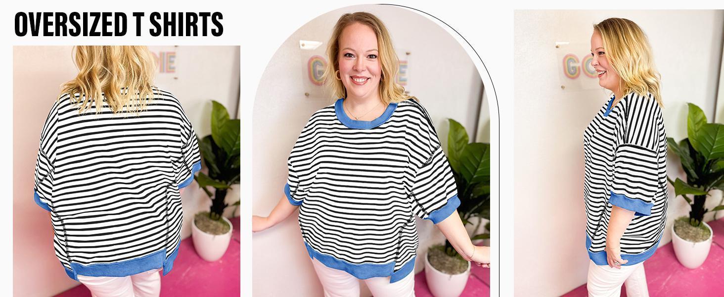 Imily Bela Womens Oversized T Shirts Striped Color Block Cotton Tops Summer Casual Half Sleeve Loose Fit Crewneck Sweatshirts