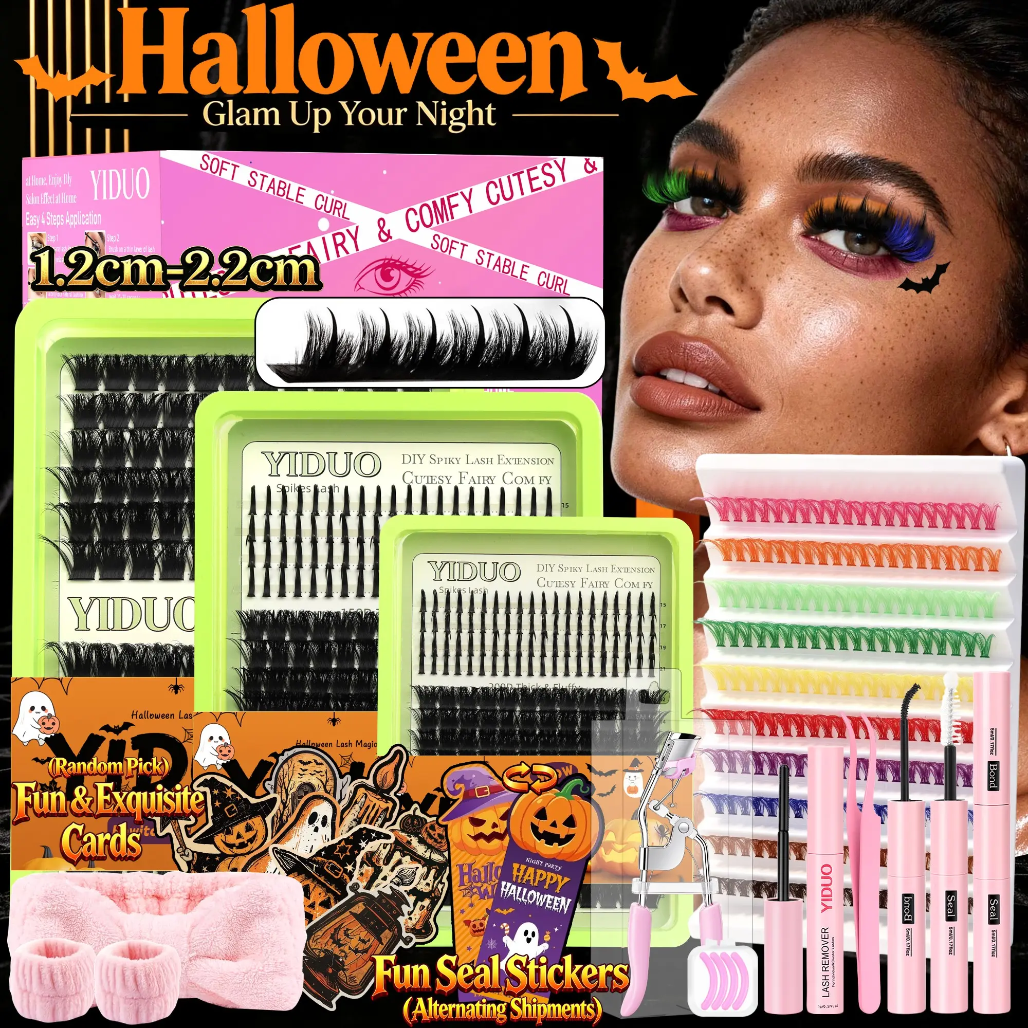 YIDUO Halloween Voluminous Eyelash Extension Set - 764 Pcs 150D & 200D Pointed Tips & Colored Lash Clusters, 12-22mm D Curl Individual Lashes, Personal Lash Kit with Adhesive, Sealer, Remover & Tweezers - Steal the Show This Halloween