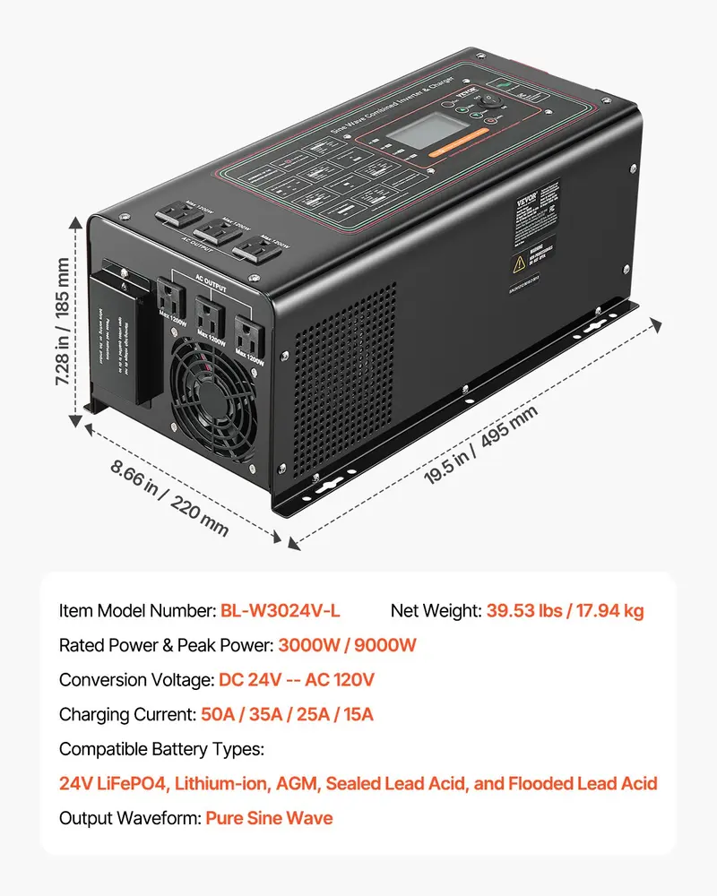 VEVOR 3000W Pure Sine Wave Inverter Charger - BL-W3024V-L, DC 24V to AC 120V, 200W+ DC Power Supply, 39.53 lbs, LCD Display, Detachable Remote Control, Battery-Compatible for Off-Grid Solar System, Boat Home