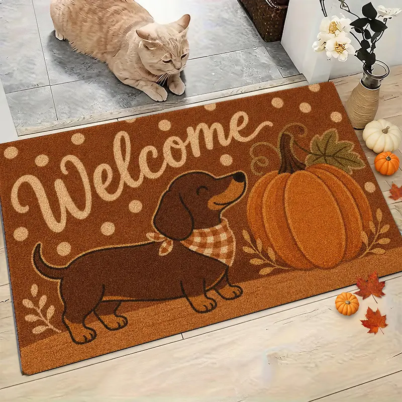 1pc Indoor Entrance Door Mat Welcome Dachshund Dog Pumpkin Polka Dot Print Flannel Material Non Slip Comfortable Easy to Clean Ideal Choice for Thanksgiving Autumn Farmhouse Decor