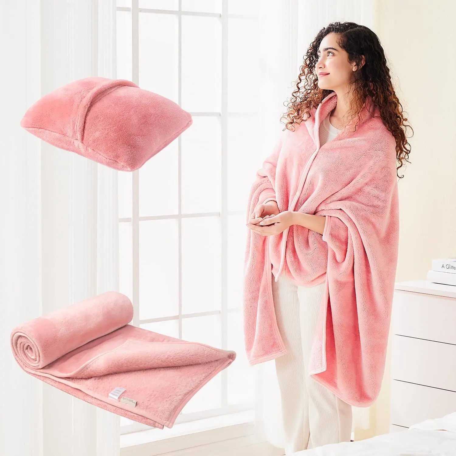 2-in-1 Cozy Synthetic Fleece Shawl Blanket Pillow with Sleeves - Modern Durable Wear Adult Poncho, Office Travel Use, 40x60 Blossom Design for Men and Women, Cozy Wrap