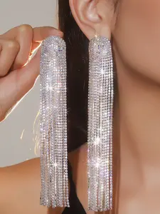 Luxury Ab Color Crystal Dangle Earrings for Women, Sexy Long Tassel Design, Perfect for Parties Weddings Holidays, Copper Alloy Chain