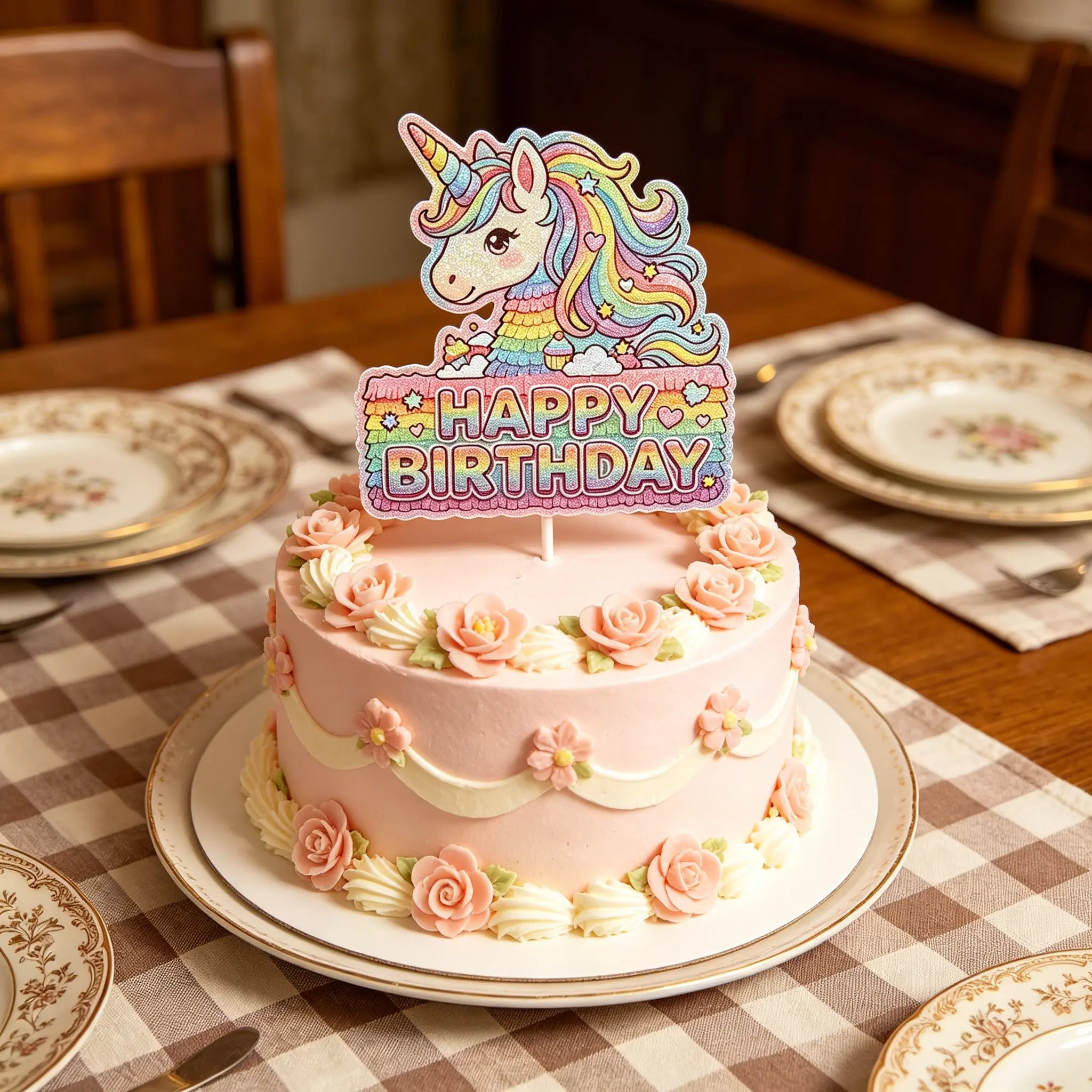 Dreamy Rainbow Unicorn Birthday Cake Topper 🦄 Sparkly glitter finish, a must-have for your magical birthday party decor, instantly elevating the fairy-tale vibe! ✨